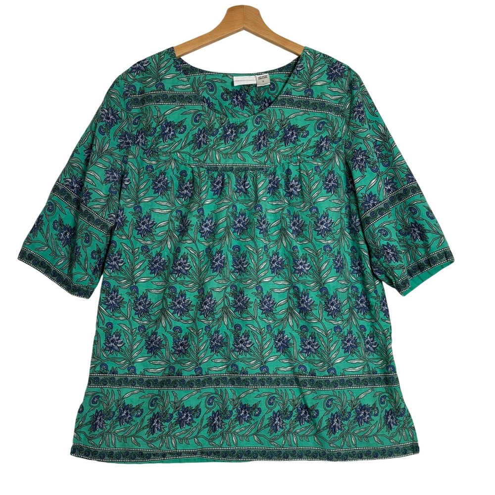 Vermont Country Store Womens 1X Green Floral Cotton Tunic Top 3/4 Sleeve Blouse